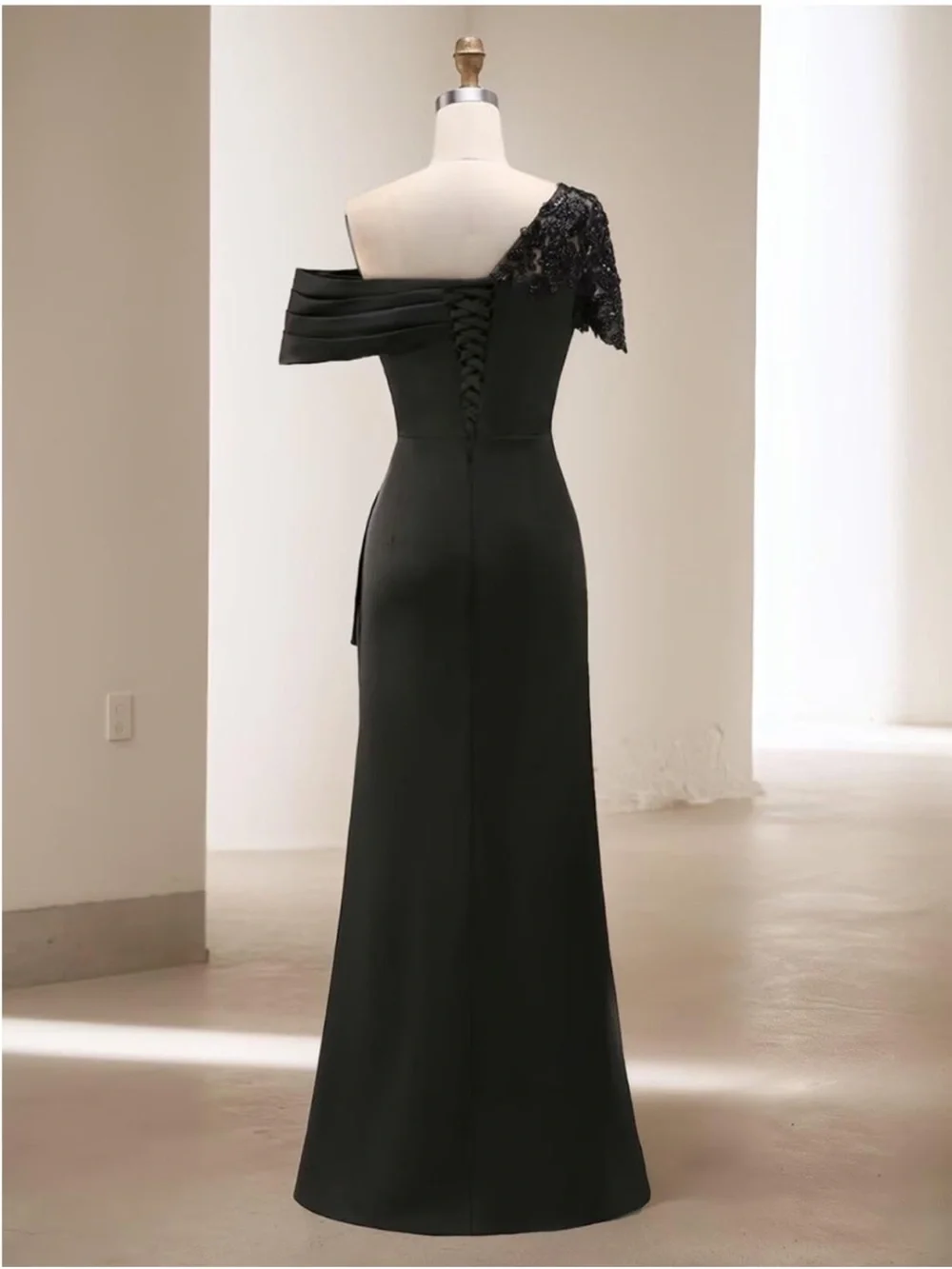 Black Chiffon One Shoulder Gown Corset Lace Back Wedding Guest Formal Dress Sz 4 - Picture 5 of 10